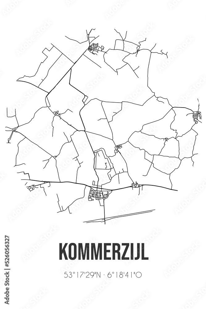 Abstract street map of Kommerzijl located in Groningen municipality of Westerkwartier. City map with lines