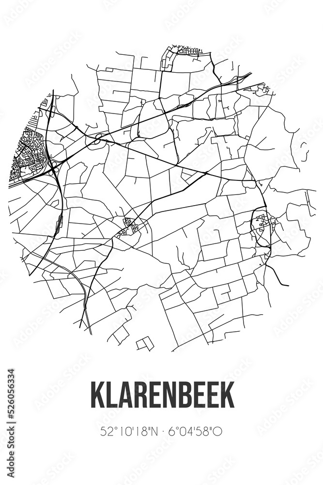 Abstract street map of Klarenbeek located in Gelderland municipality of Voorst. City map with lines