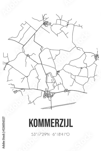 Abstract street map of Kommerzijl located in Groningen municipality of Westerkwartier. City map with lines