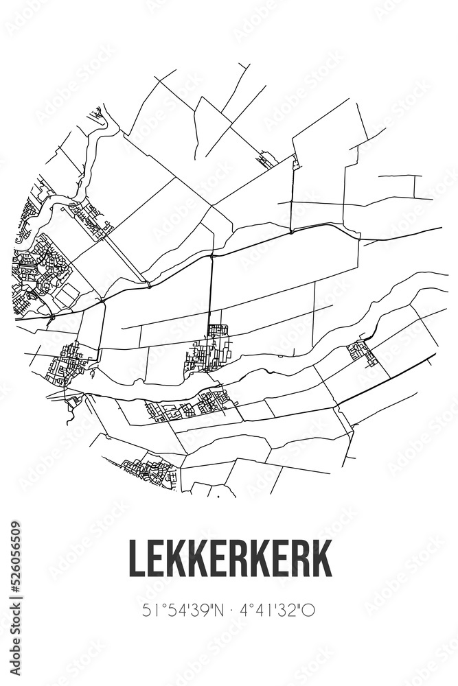 Abstract street map of Lekkerkerk located in Zuid-Holland municipality of Krimpenerwaard. City map with lines