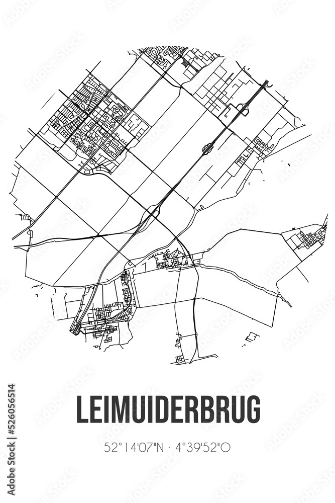 Abstract street map of Leimuiderbrug located in Noord-Holland municipality of Haarlemmermeer. City map with lines