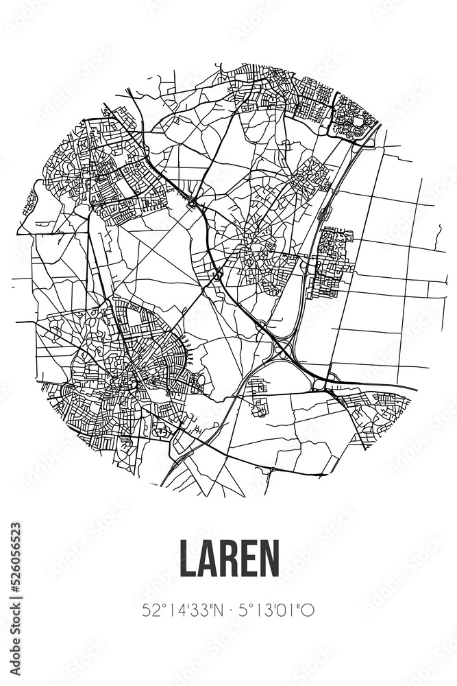Abstract street map of Laren located in Noord-Holland municipality of Laren. City map with lines