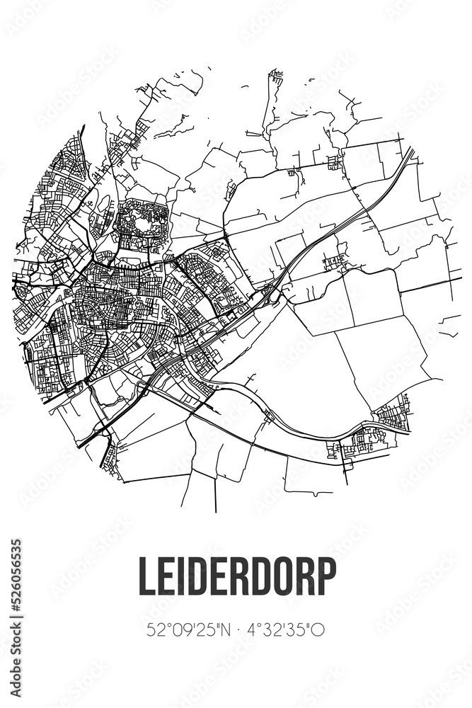 Abstract street map of Leiderdorp located in Zuid-Holland municipality of Leiderdorp. City map with lines