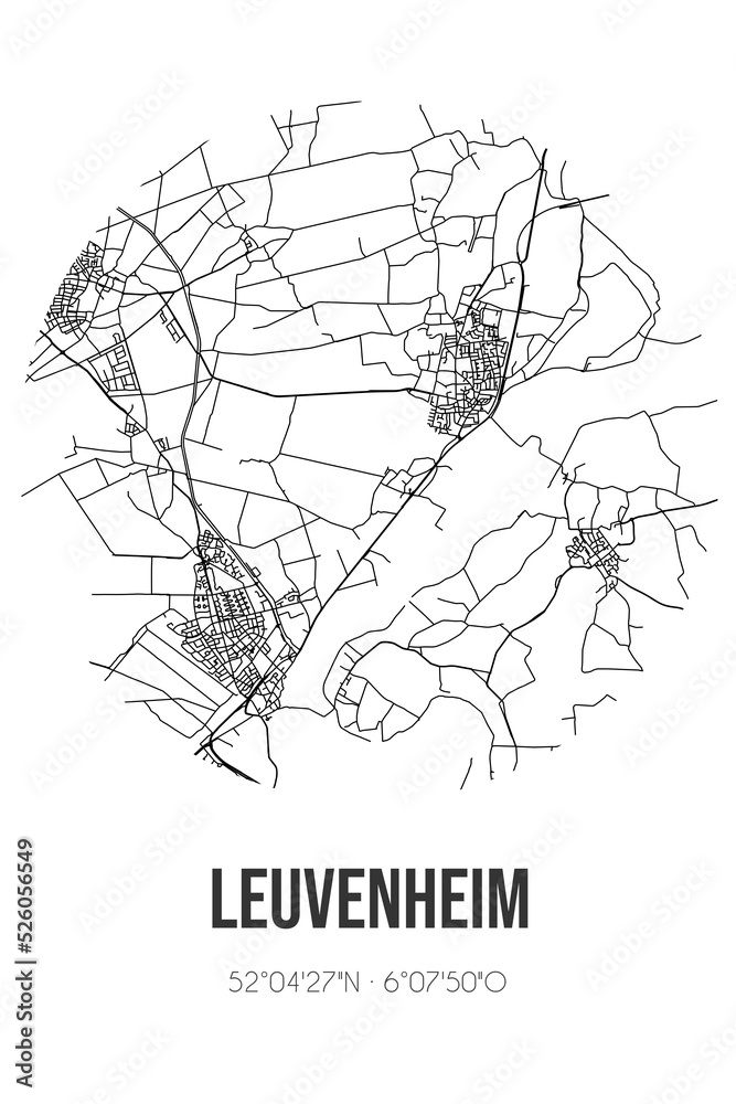 Abstract street map of Leuvenheim located in Gelderland municipality of Brummen. City map with lines