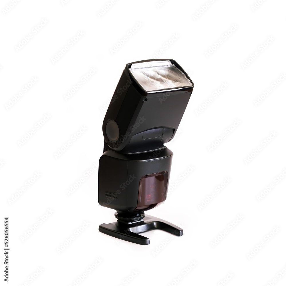 Camera Flash Mounted On Hotshoe Stand, Isolated On White Background Camera Flash Mounted On Hotshoe Stand, Isolated On White Background