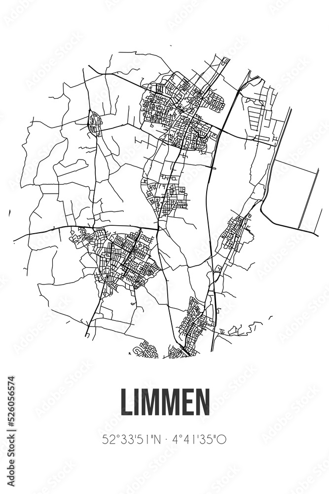 Abstract street map of Limmen located in Noord-Holland municipality of Castricum. City map with lines