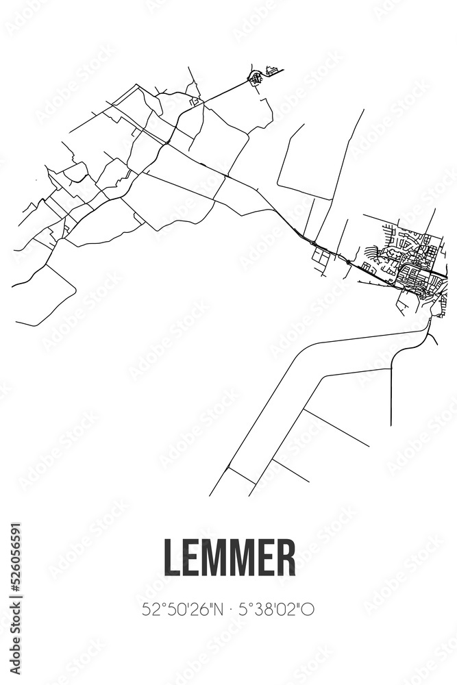 Abstract street map of Lemmer located in Fryslan municipality of De Fryske Marren. City map with