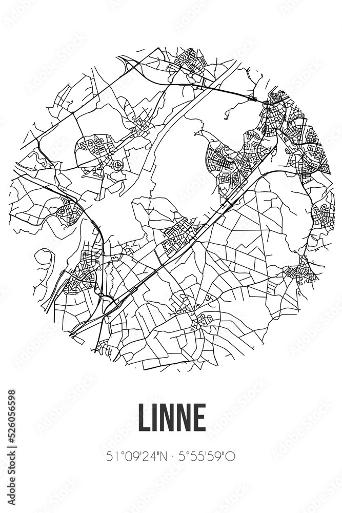 Abstract street map of Linne located in Limburg municipality of Maasgouw. City map with lines