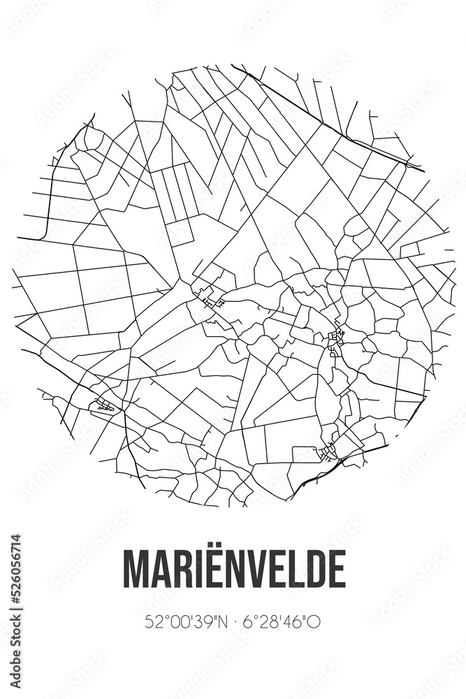 Abstract street map of Mariënvelde located in Gelderland municipality of Oost Gelre. City map with lines