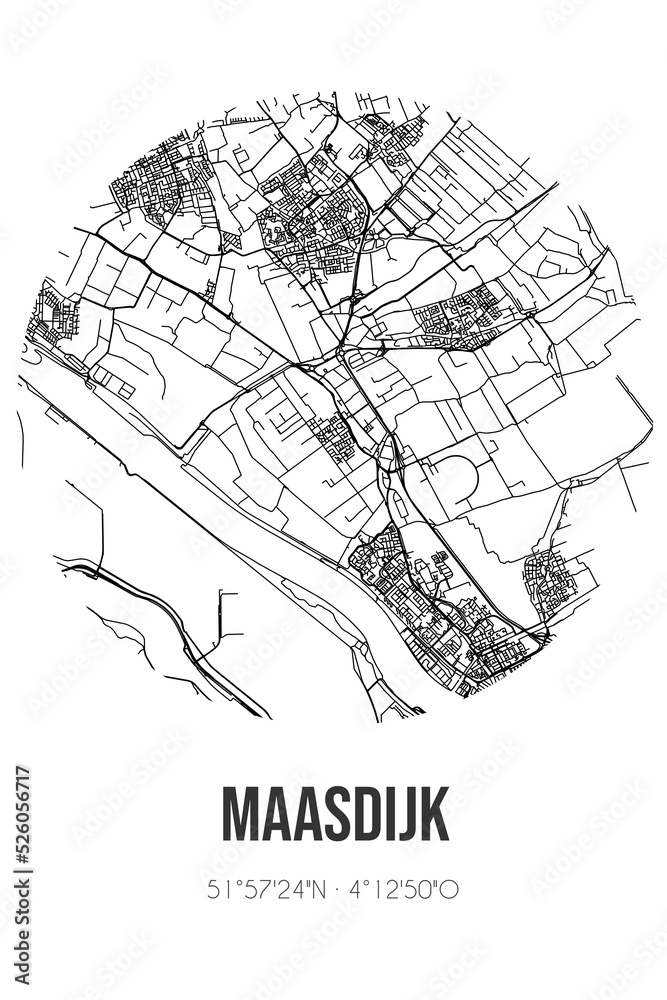 Abstract street map of Maasdijk located in Zuid-Holland municipality of Westland. City map with lines