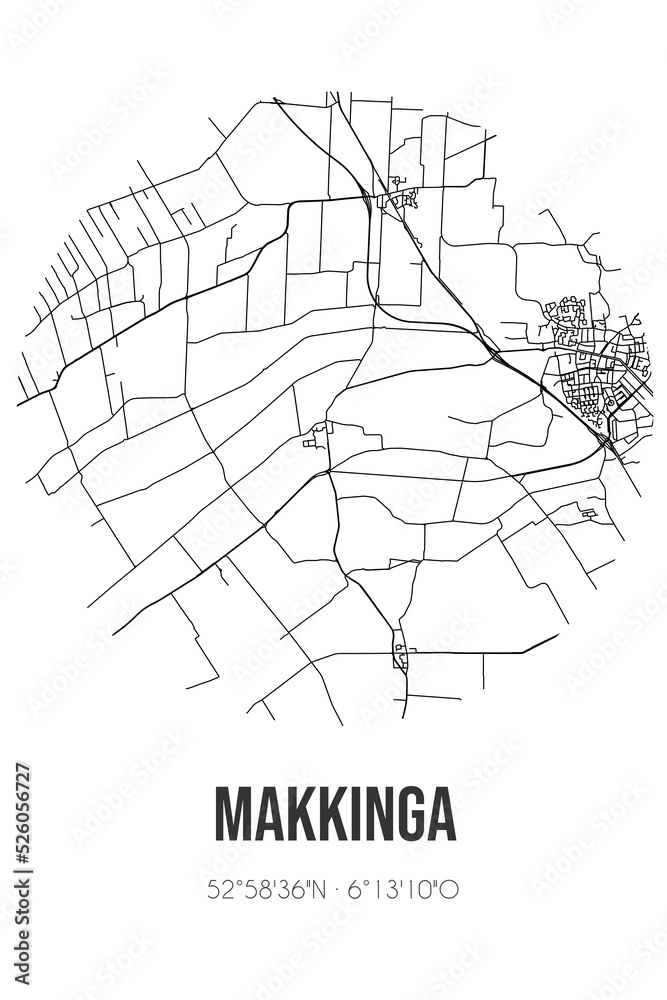 Abstract street map of Makkinga located in Fryslan municipality of Ooststellingwerf. City map with lines