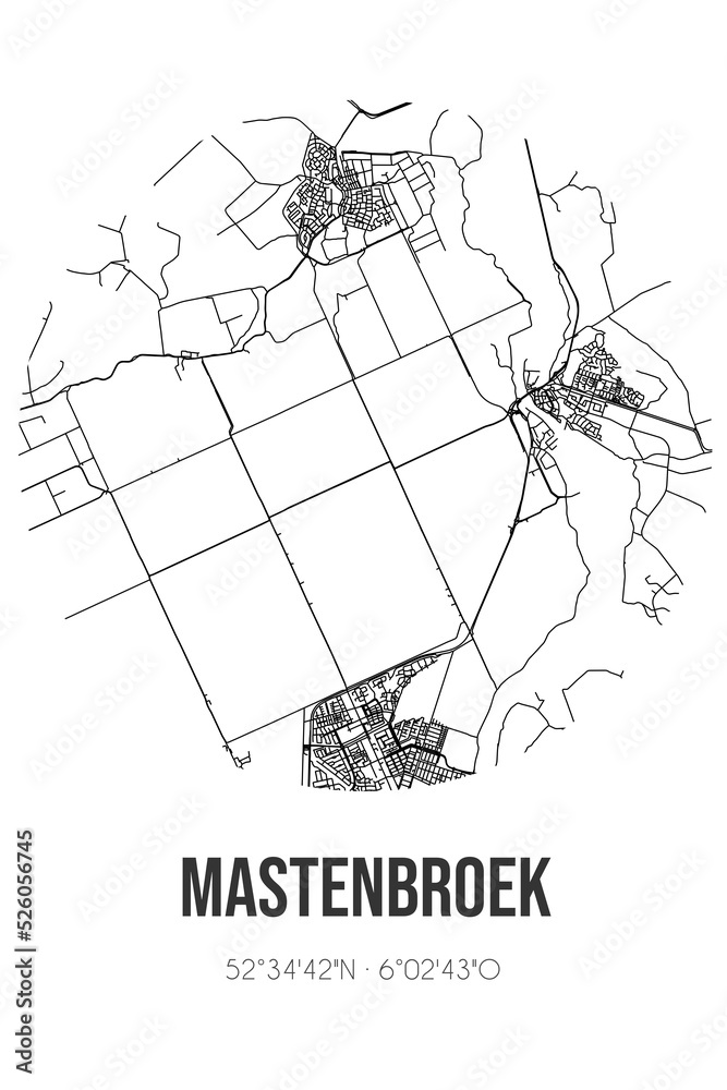 Abstract street map of Mastenbroek located in Overijssel municipality of Zwartewaterland. City map with lines