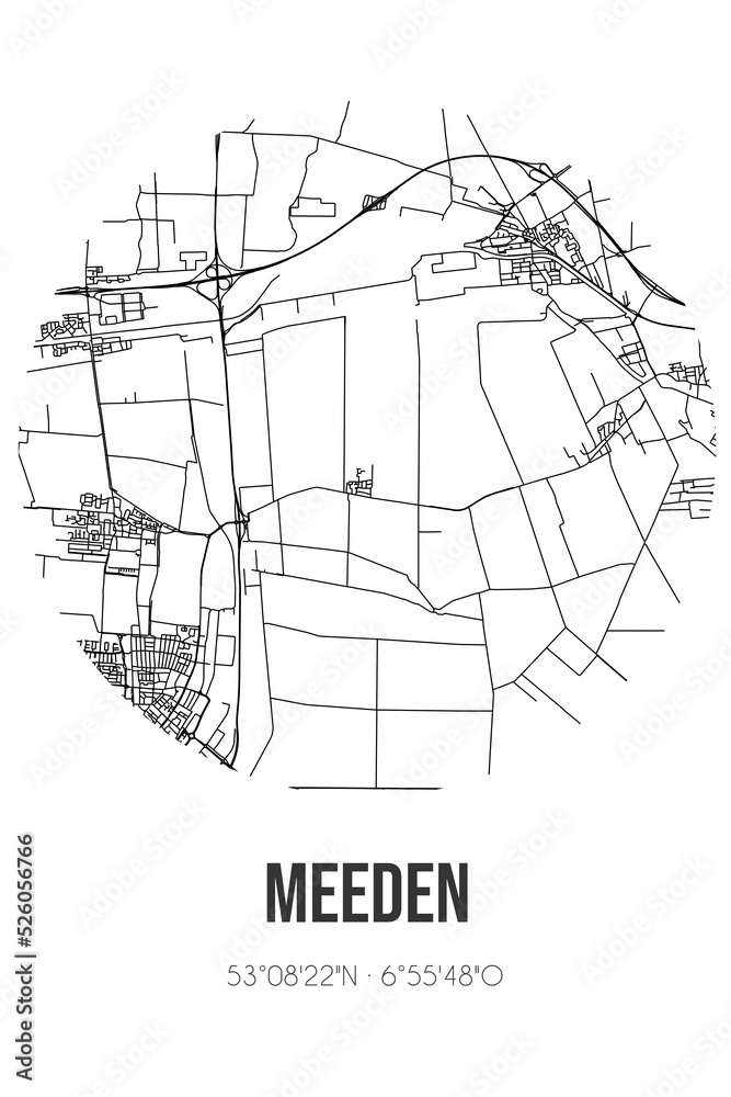 Abstract street map of Meeden located in Groningen municipality of Midden-Groningen. City map with lines