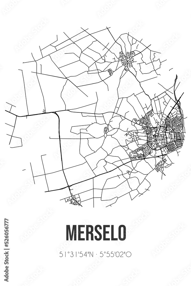 Abstract street map of Merselo located in Limburg municipality of Venray. City map with lines