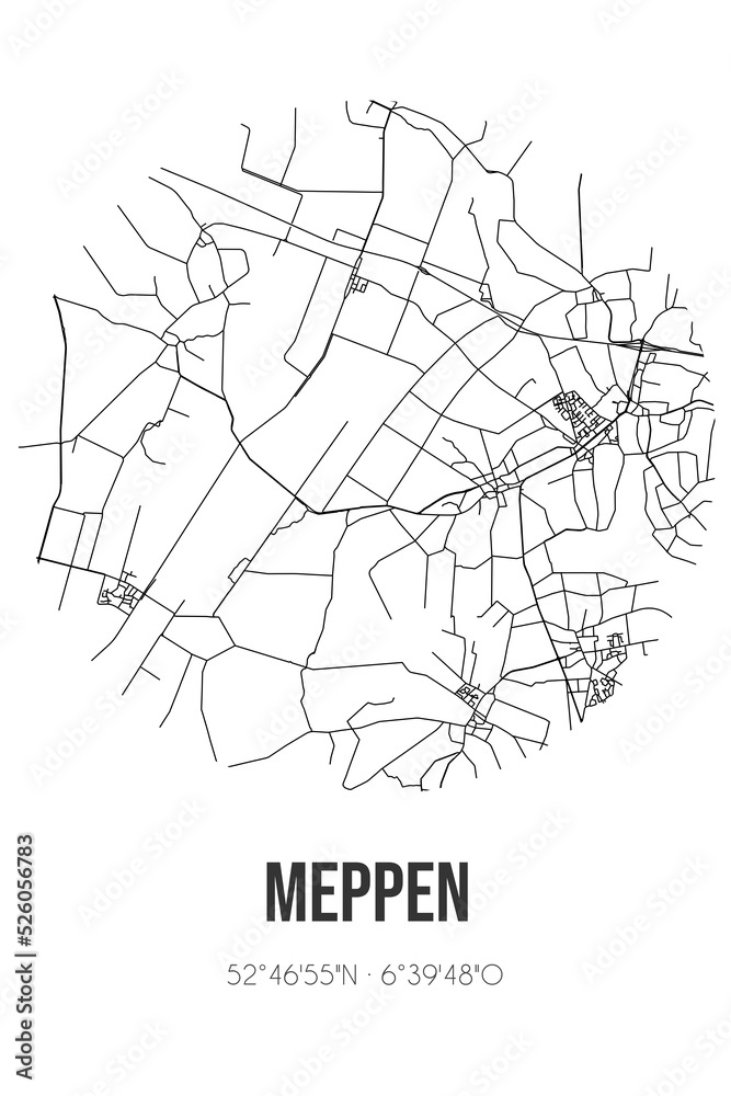 Abstract street map of Meppen located in Drenthe municipality of Coevorden. City map with lines