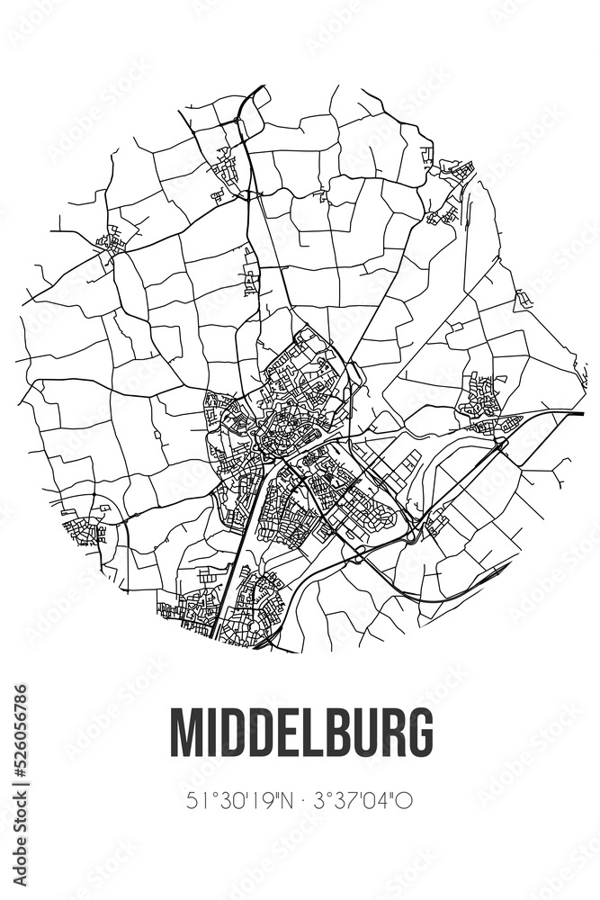 Abstract street map of Middelburg located in Zeeland municipality of