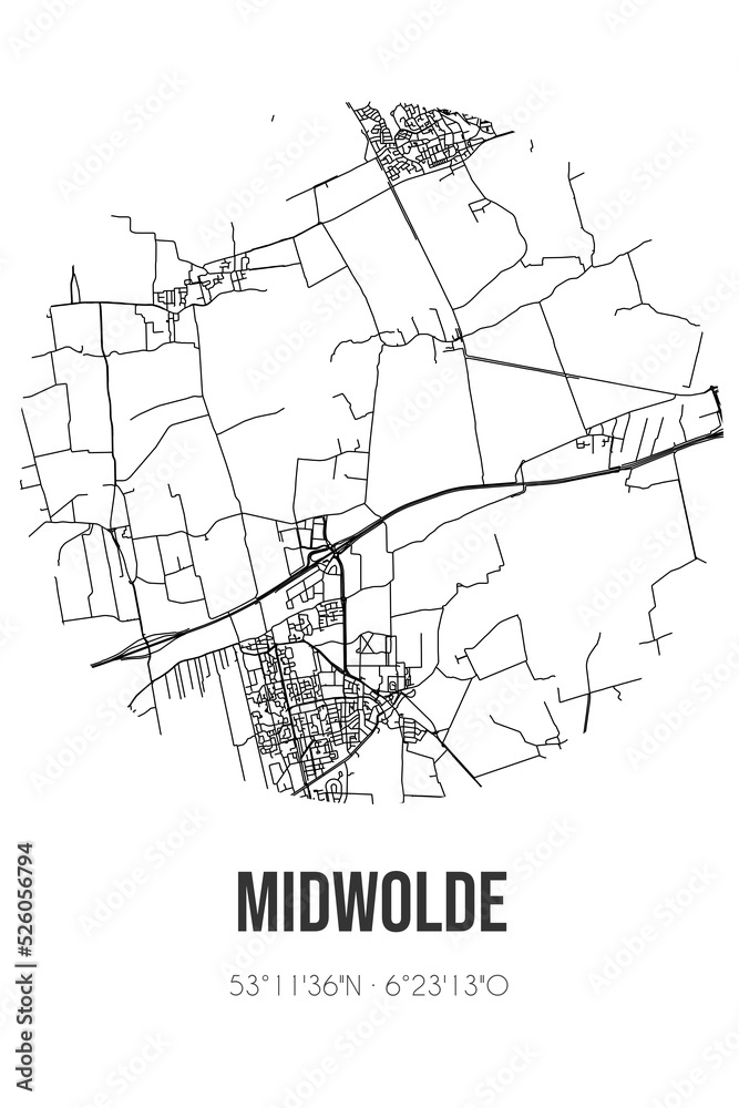 Abstract street map of Midwolde located in Groningen municipality of Westerkwartier. City map with lines