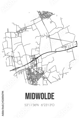 Abstract street map of Midwolde located in Groningen municipality of Westerkwartier. City map with lines