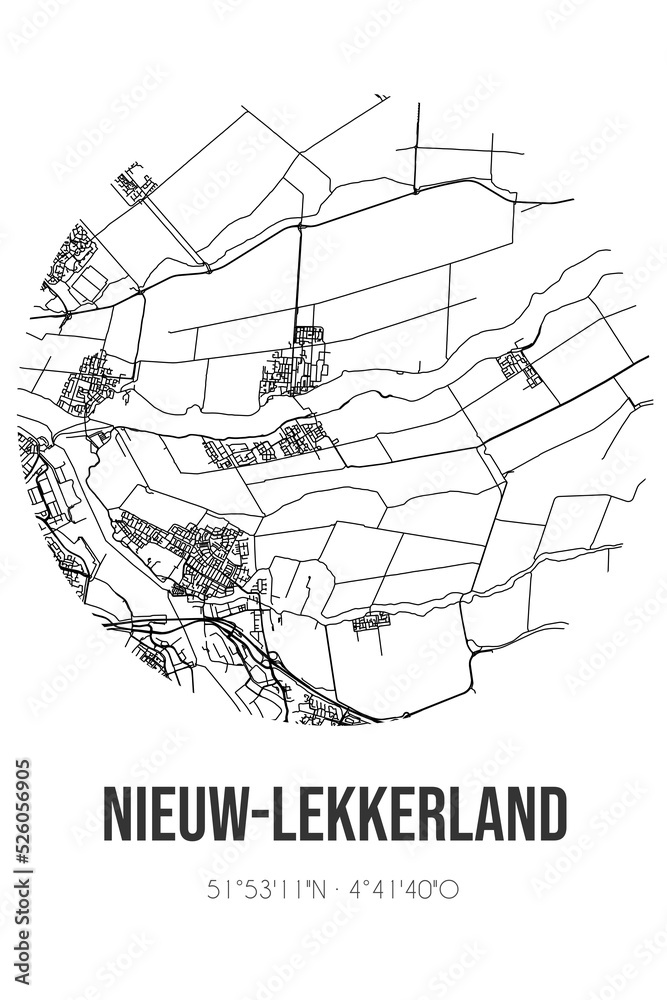 Abstract street map of Nieuw-Lekkerland located in Zuid-Holland municipality of Molenlanden. City map with lines