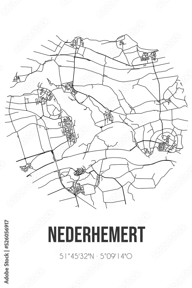 Abstract street map of Nederhemert located in Gelderland municipality of Zaltbommel. City map with lines