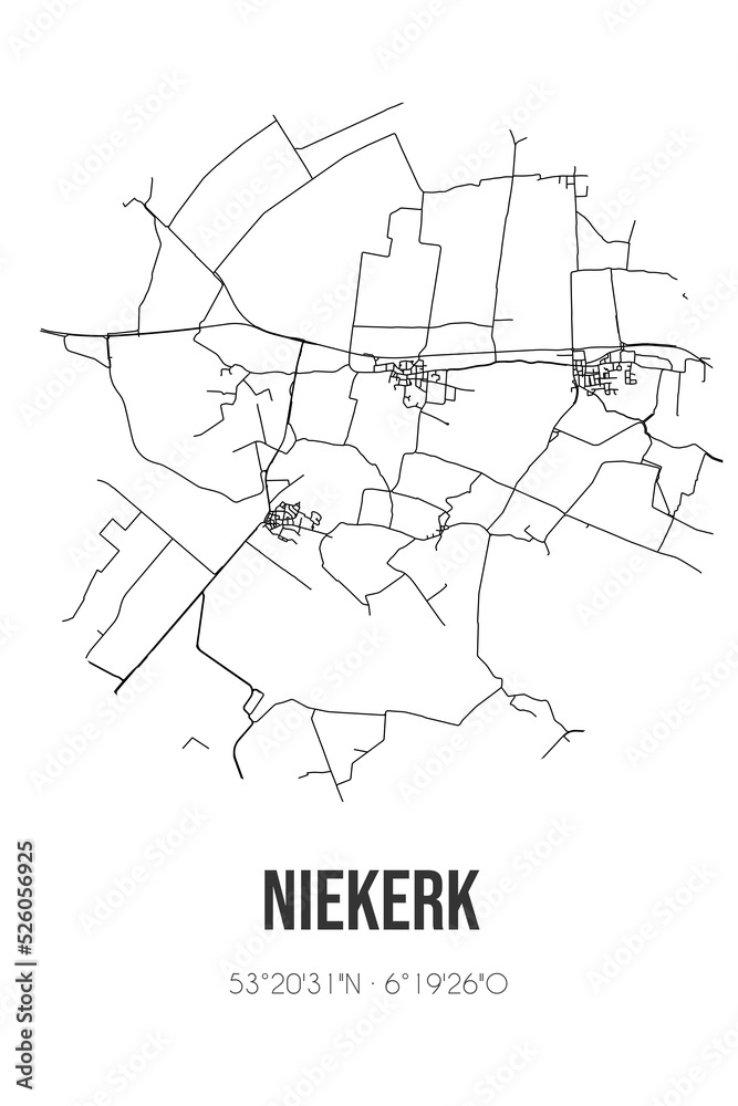 Abstract street map of Niekerk located in Groningen municipality of Het Hogeland. City map with lines