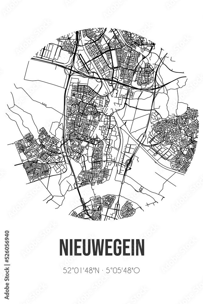 Abstract street map of Nieuwegein located in Utrecht municipality of Nieuwegein. City map with lines