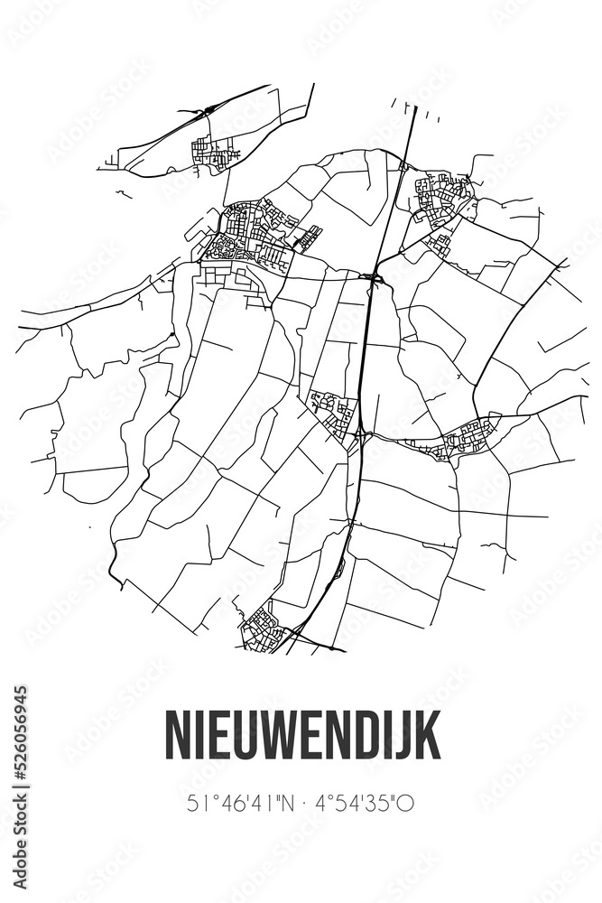 Abstract street map of Nieuwendijk located in Noord-Brabant municipality of Altena. City map with lines