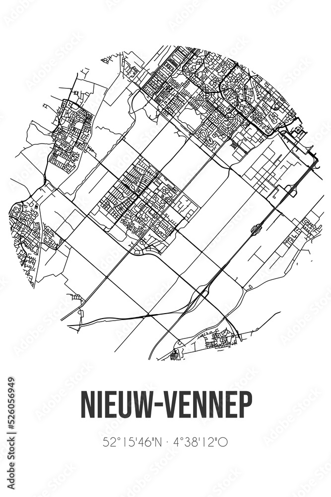 Abstract street map of Nieuw-Vennep located in Noord-Holland municipality of Haarlemmermeer. City map with lines