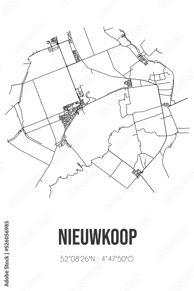 Abstract street map of Nieuwkoop located in Zuid-Holland municipality of Nieuwkoop. City map with lines