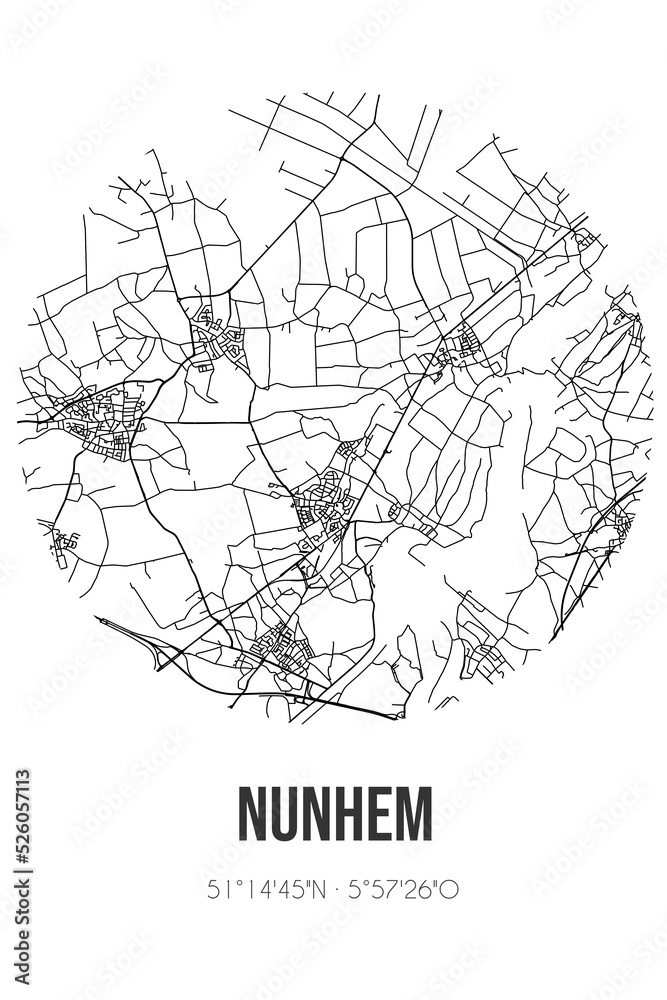 Abstract street map of Nunhem located in Limburg municipality of Leudal. City map with lines