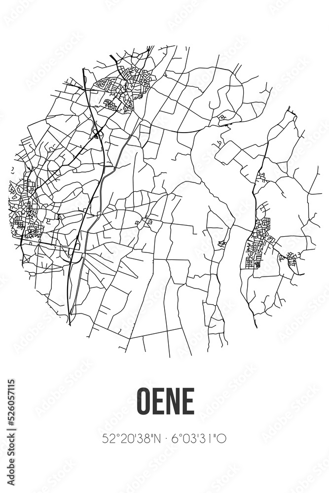 Abstract street map of Oene located in Gelderland municipality of Epe. City map with lines