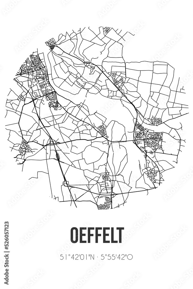 Abstract street map of Oeffelt located in Noord-Brabant municipality of Boxmeer. City map with lines