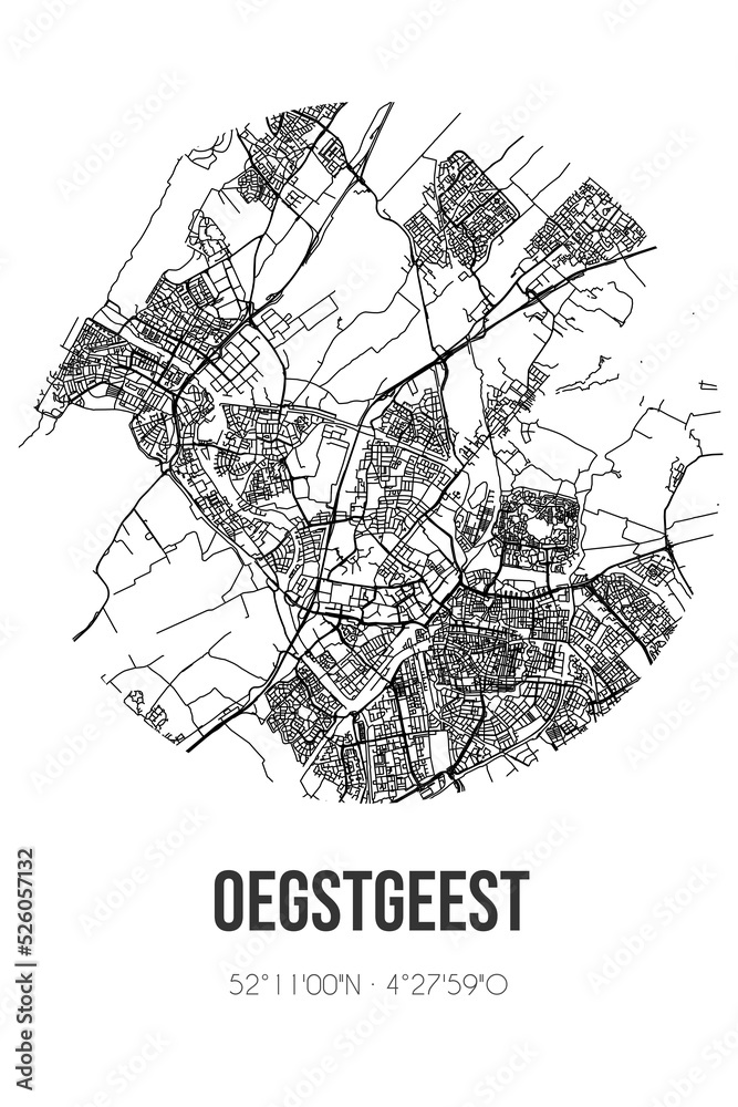 Abstract street map of Oegstgeest located in Zuid-Holland municipality of Oegstgeest. City map with lines