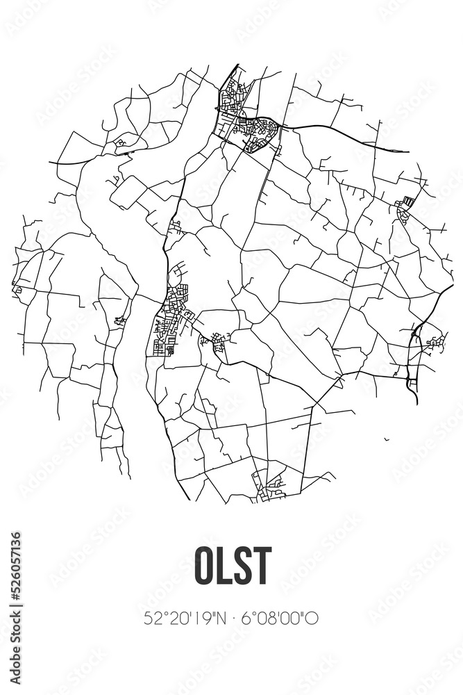 Abstract street map of Olst located in Overijssel municipality of Olst-Wijhe. City map with lines