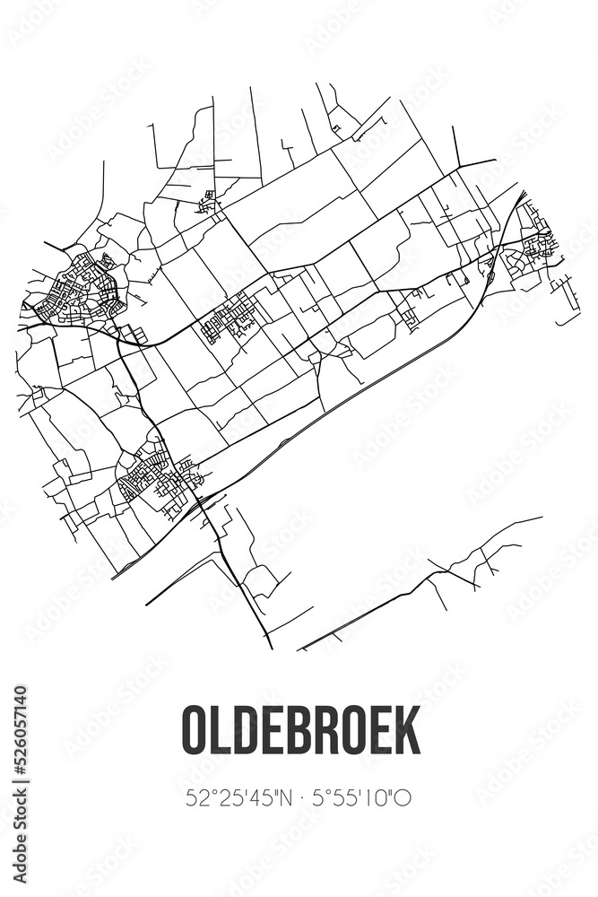 Abstract street map of Oldebroek located in Gelderland municipality of Oldebroek. City map with lines