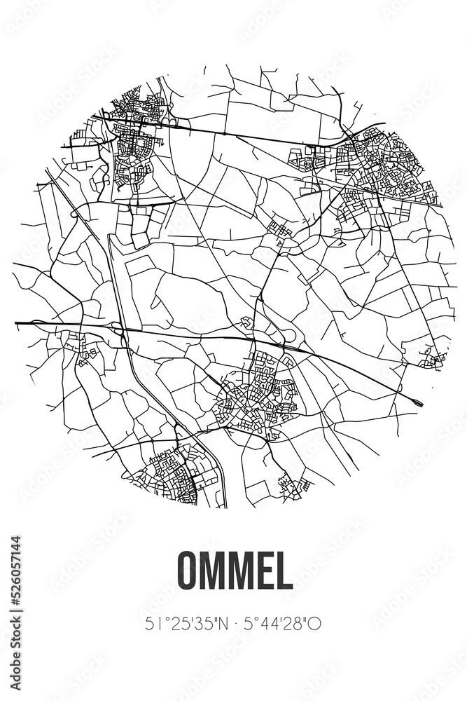 Abstract street map of Ommel located in Noord-Brabant municipality of Asten. City map with lines