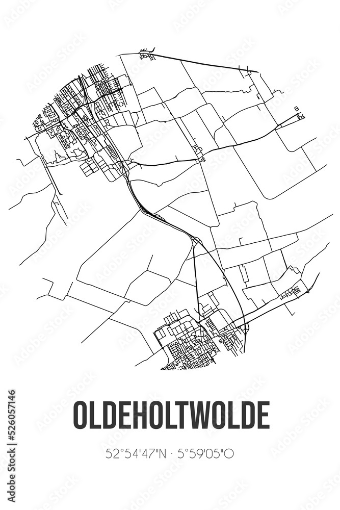 Abstract street map of Oldeholtwolde located in Fryslan municipality of Weststellingwerf. City map with lines