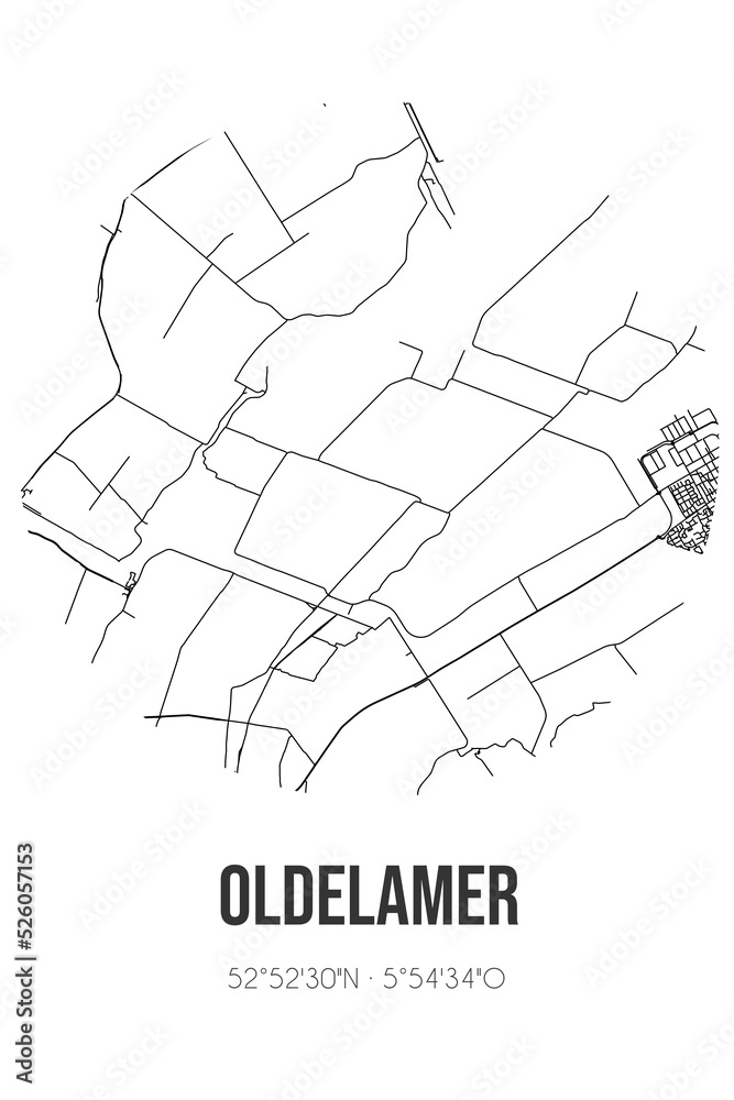 Abstract street map of Oldelamer located in Fryslan municipality of Weststellingwerf. City map with lines
