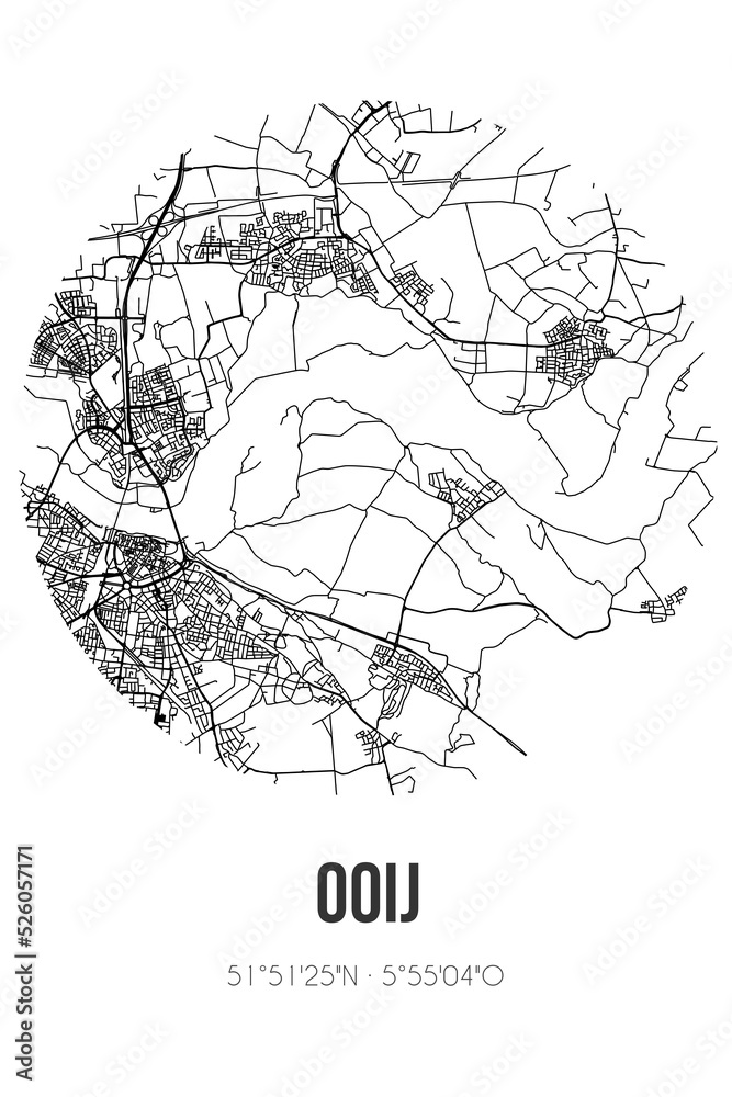 Abstract street map of Ooij located in Gelderland municipality of Berg en Dal. City map with lines