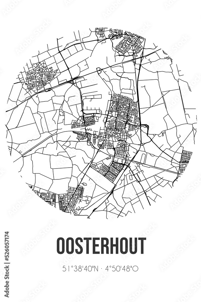 Abstract street map of Oosterhout located in Noord-Brabant municipality of Oosterhout. City map with lines