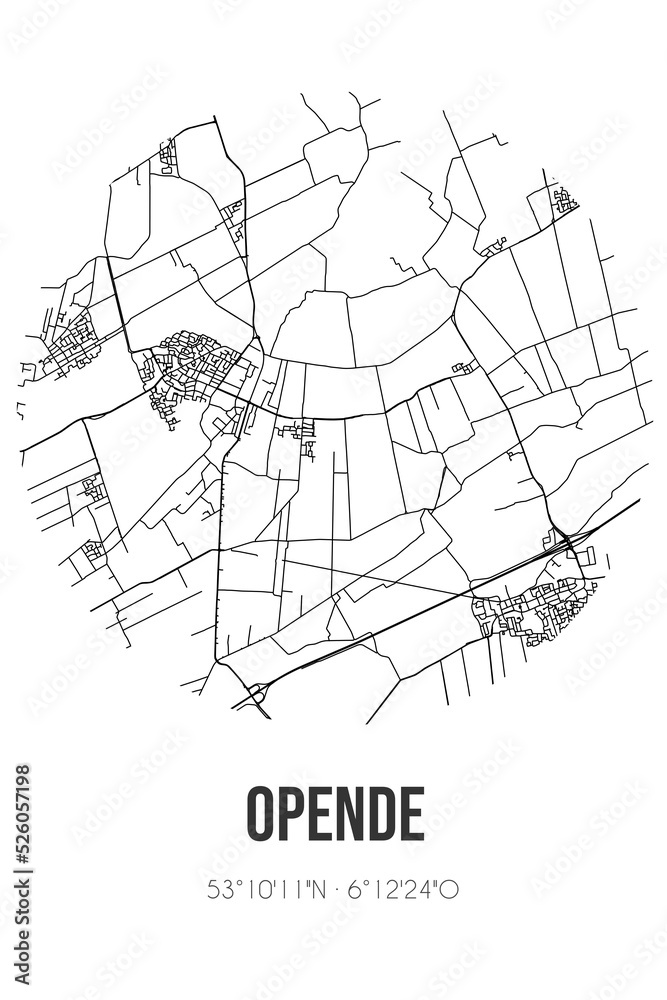 Abstract street map of Opende located in Groningen municipality of Westerkwartier. City map with lines