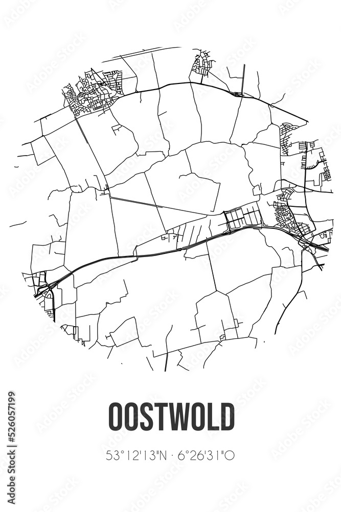 Abstract street map of Oostwold located in Groningen municipality of Westerkwartier. City map with lines