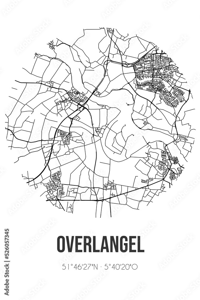 Abstract street map of Overlangel located in Noord-Brabant municipality of Oss. City map with lines