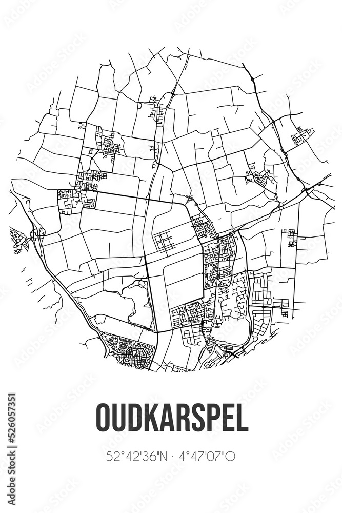Abstract street map of Oudkarspel located in Noord-Holland municipality of Langedijk. City map with lines