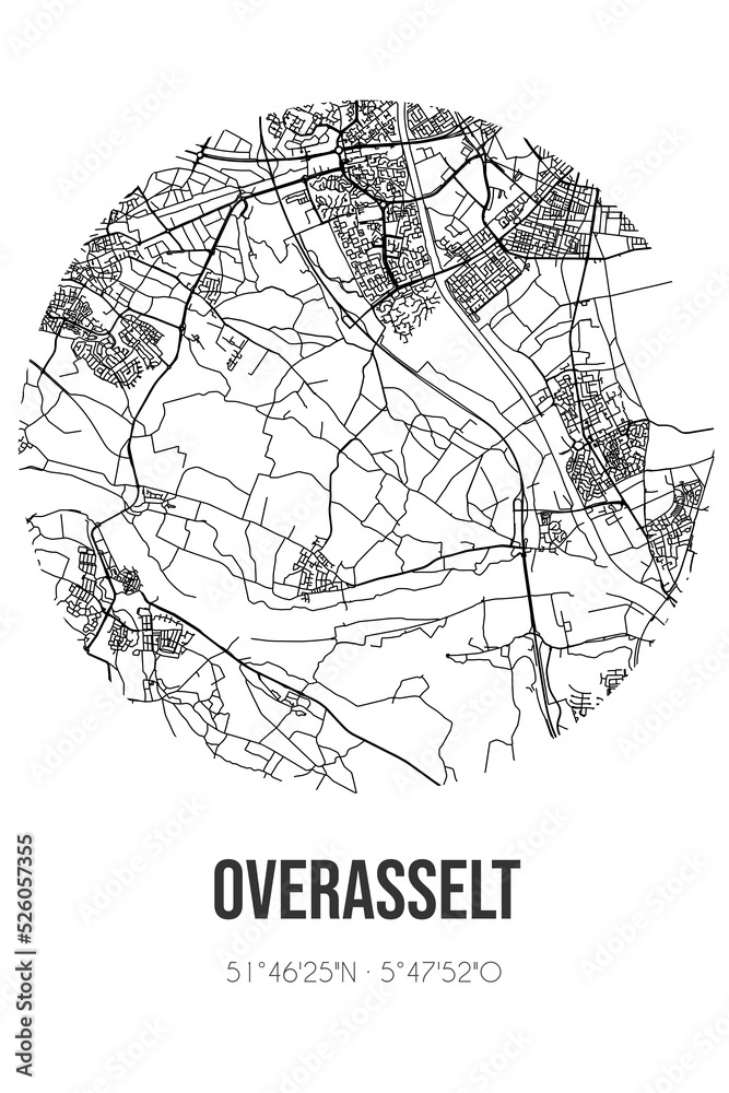 Abstract street map of Overasselt located in Gelderland municipality of Heumen. City map with lines