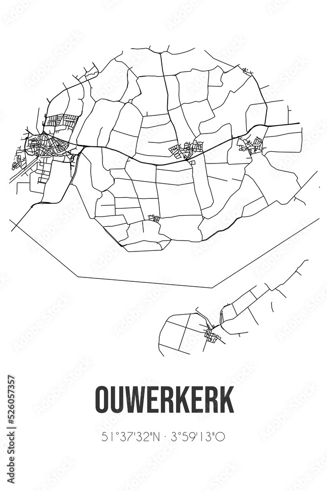 Abstract street map of Ouwerkerk located in Zeeland municipality of Schouwen-Duiveland. City map with lines