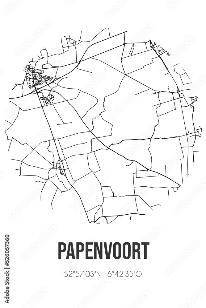 Abstract street map of Papenvoort located in Drenthe municipality of Aa en Hunze. City map with lines