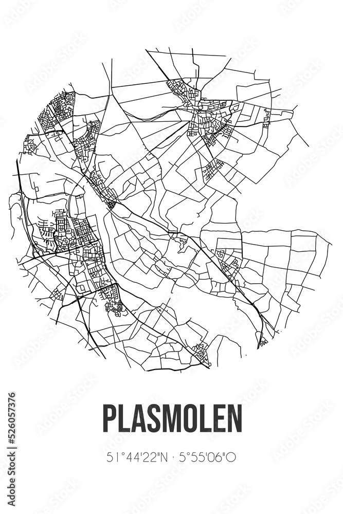 Abstract street map of Plasmolen located in Limburg municipality of Mook en Middelaar. City map with lines