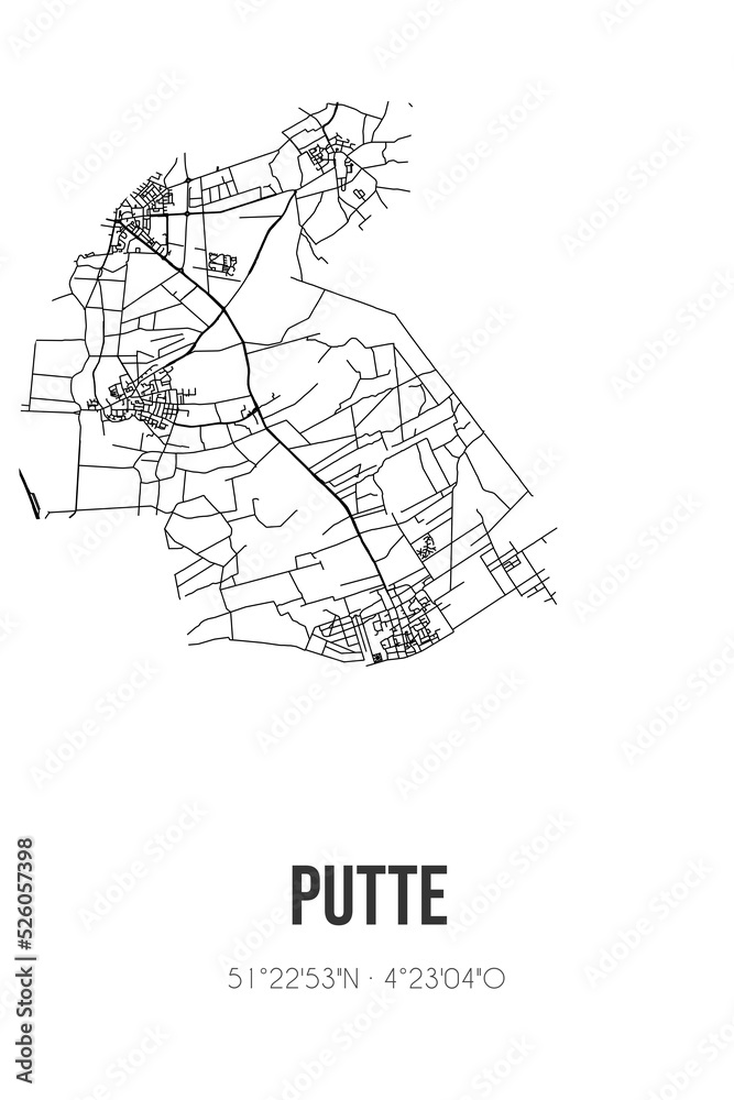 Abstract street map of Putte located in Noord-Brabant municipality of Woensdrecht. City map with lines