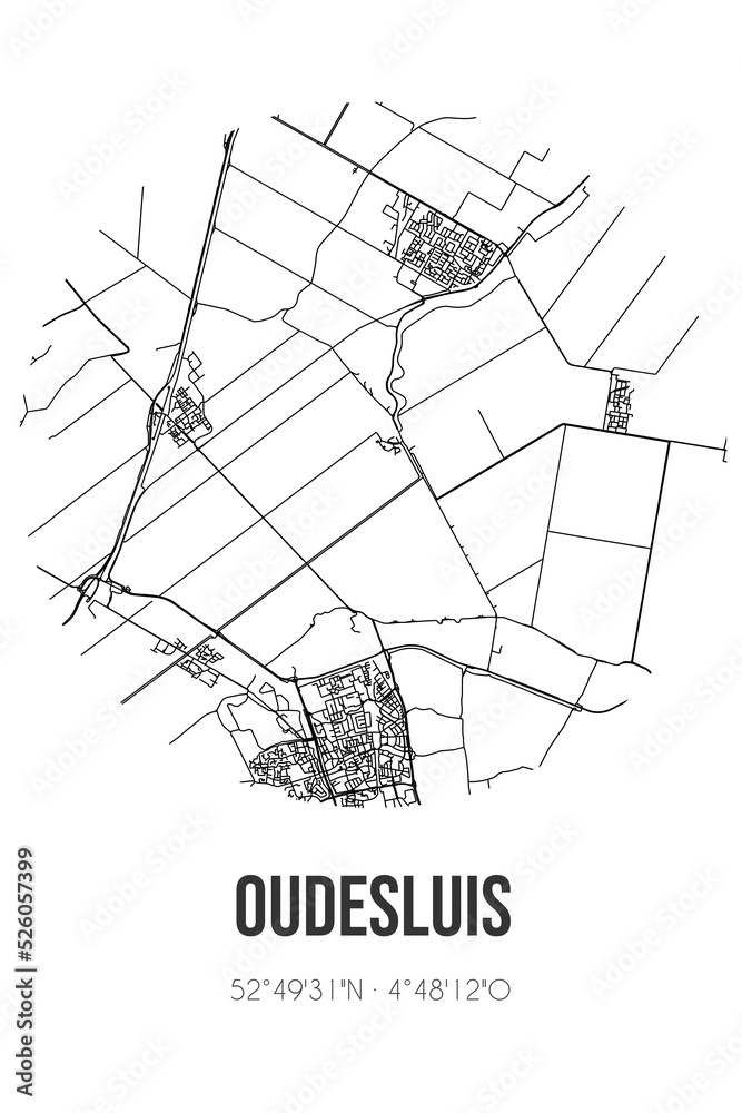 Abstract street map of Oudesluis located in Noord-Holland municipality of Schagen. City map with lines